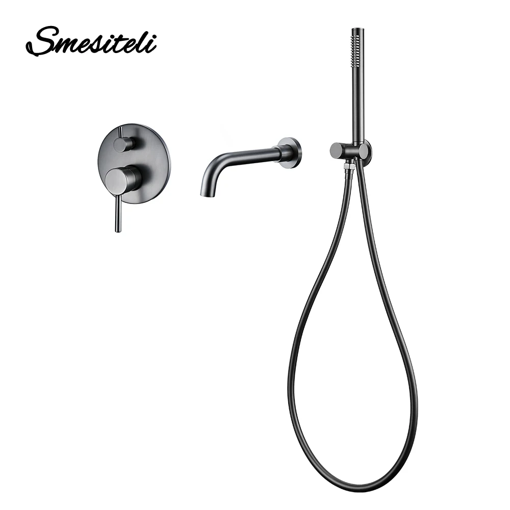 Smesiteli Brushed Stainless Steel Gun Grey Solid Brass hand shower Tub Spout Two Ways Hot Cold Mixing Bathroom Faucet Kit
