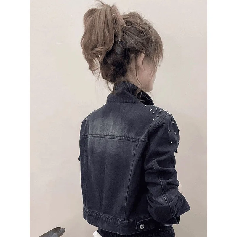 Ladies New Spring Autumn Beaded Rhinestone Denim Jacket Feels Short Stylish Loose Versatile Women's Single-Breasted Denim Jacket
