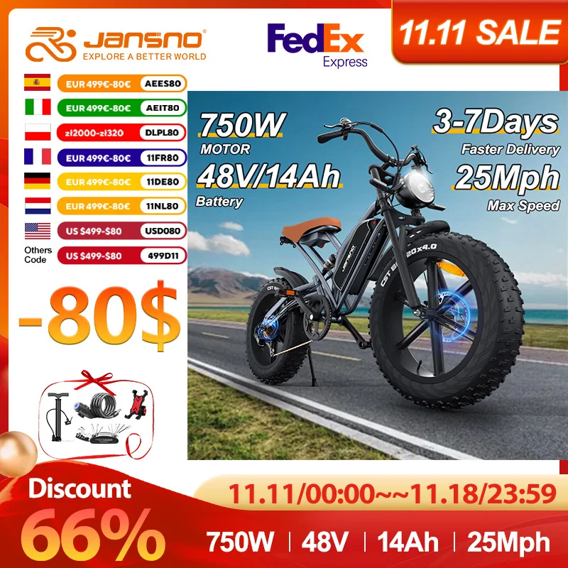 Ebike jansno X50 750W 48V14AH Fat Tire Electric Bike Beach Cruiser Off-Road Electric Bike Adult City Mountain Electric Bike