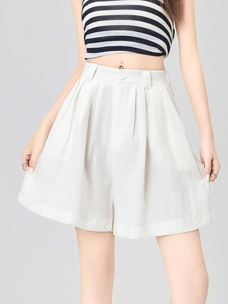 

Повседневные свободные летние льняные шорты-костюм, женские брюки с высокой талией и прямыми штанинами, удобные, из мягкой ткани, в корейском стиле