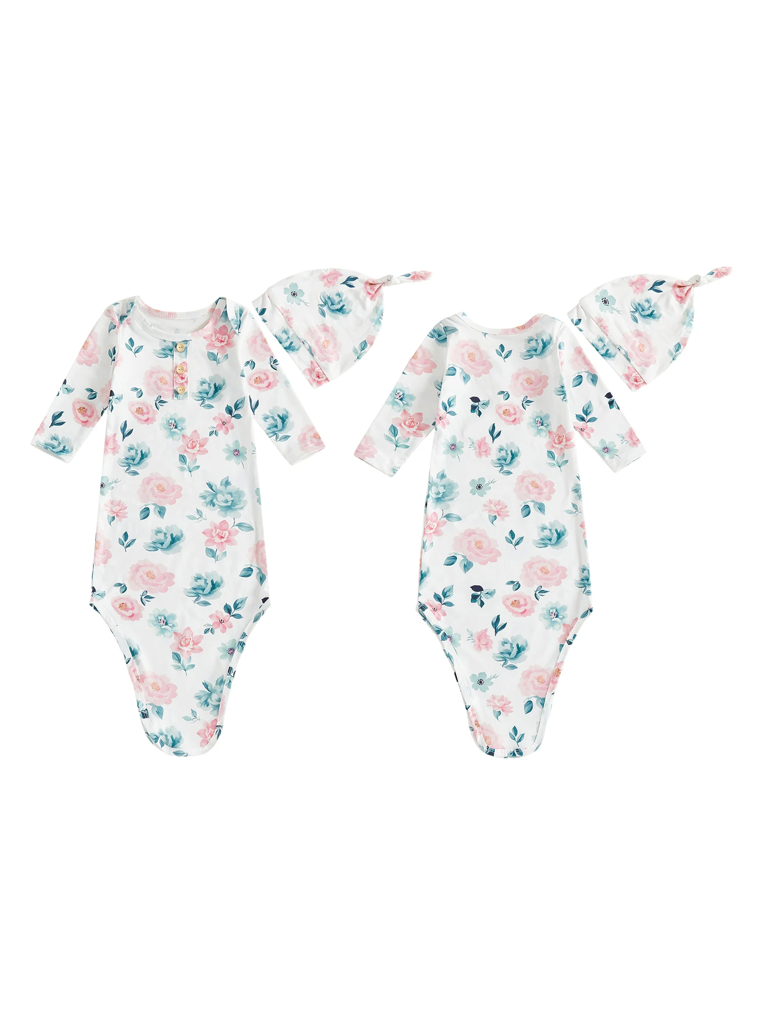 طقم ثوب وقبعة معقودة بطبعة زهور للفتيات الصغيرات الرضع بأكمام طويلة ورقبة دائرية وزر ملابس نوم لحديثي الولادة