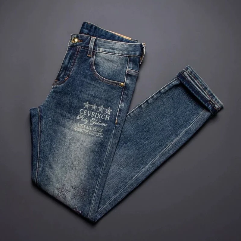 New Spring/Autumn Fashion Trendy Printed Straight-Leg Stretch Denim Jeans Men's Casual Loose Sports High-Quality Trousers