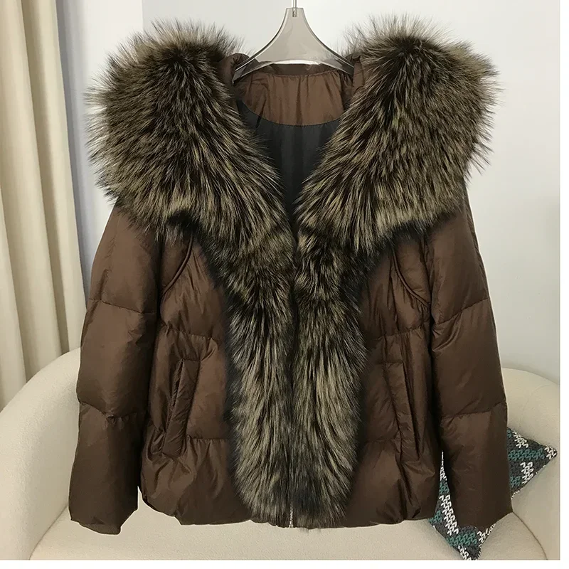 

MENINA BONITA Real Fox Fur Coat Winter Women New Natural Collar Thick Warm Hooded Duck Down Jacket Luxury Outwear Female Loose