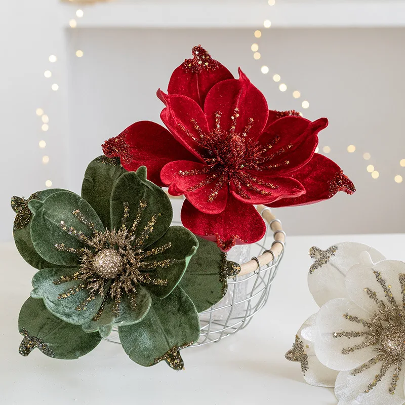 Christmas Decoration Simulation Flower Christmas Flower High-end Fabric Adhesive Powder Glitter Simulation Magnolia Flower