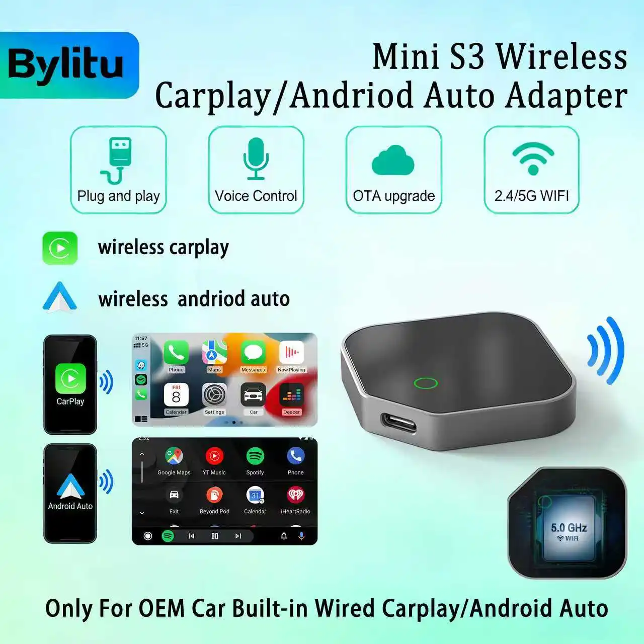 

BYLITU Mini S3 Carplay AI Box Проводной к беспроводному CarPlay/Android Auto 2in1 Box 5 ГГц Wi-Fi для 98% оригинального проводного CarPlay/автомобиля