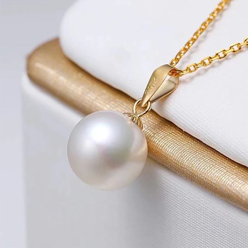 YUNLI Real 18K Yellow Gold Necklace Pendant Round Natural Freshwater Pearl Pure AU750 Fine Jewelry for Women PE016