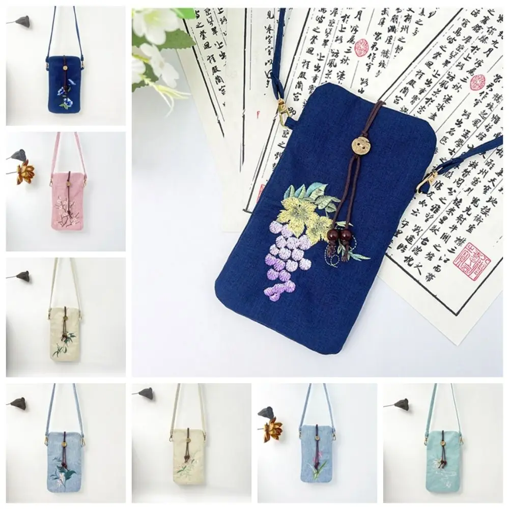 

Ancient Style Embroidery Phone Bag Chinese Style Purse Versatile Crossbody Bag Handbags Cotton Linen Flower Shoulder Bag
