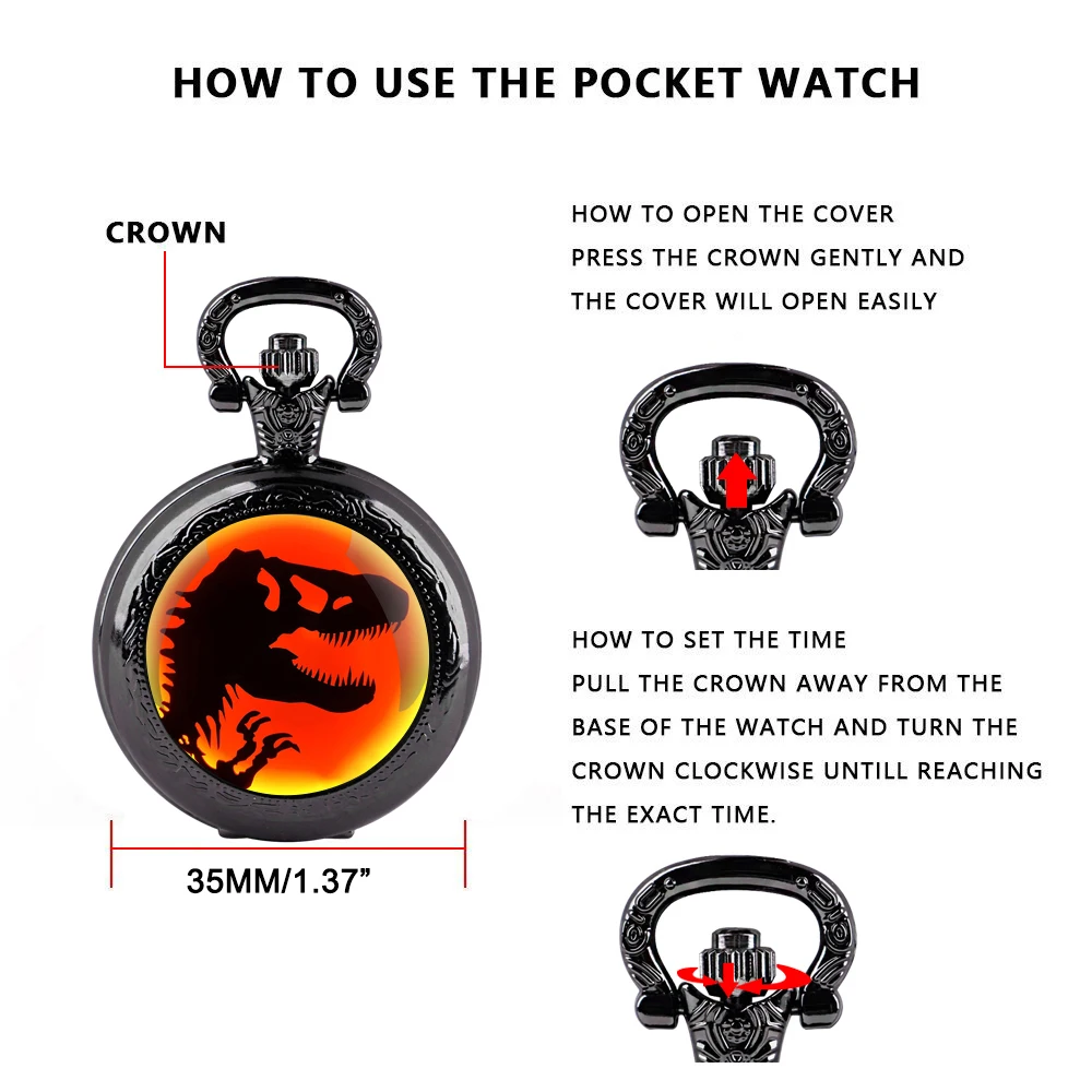 Exquisite Gift Jurassic Park Dinosaur Glass Dome Quartz Pocket Watch Necklace Men Women Unique Jewelry Pendant Birthday Gifts