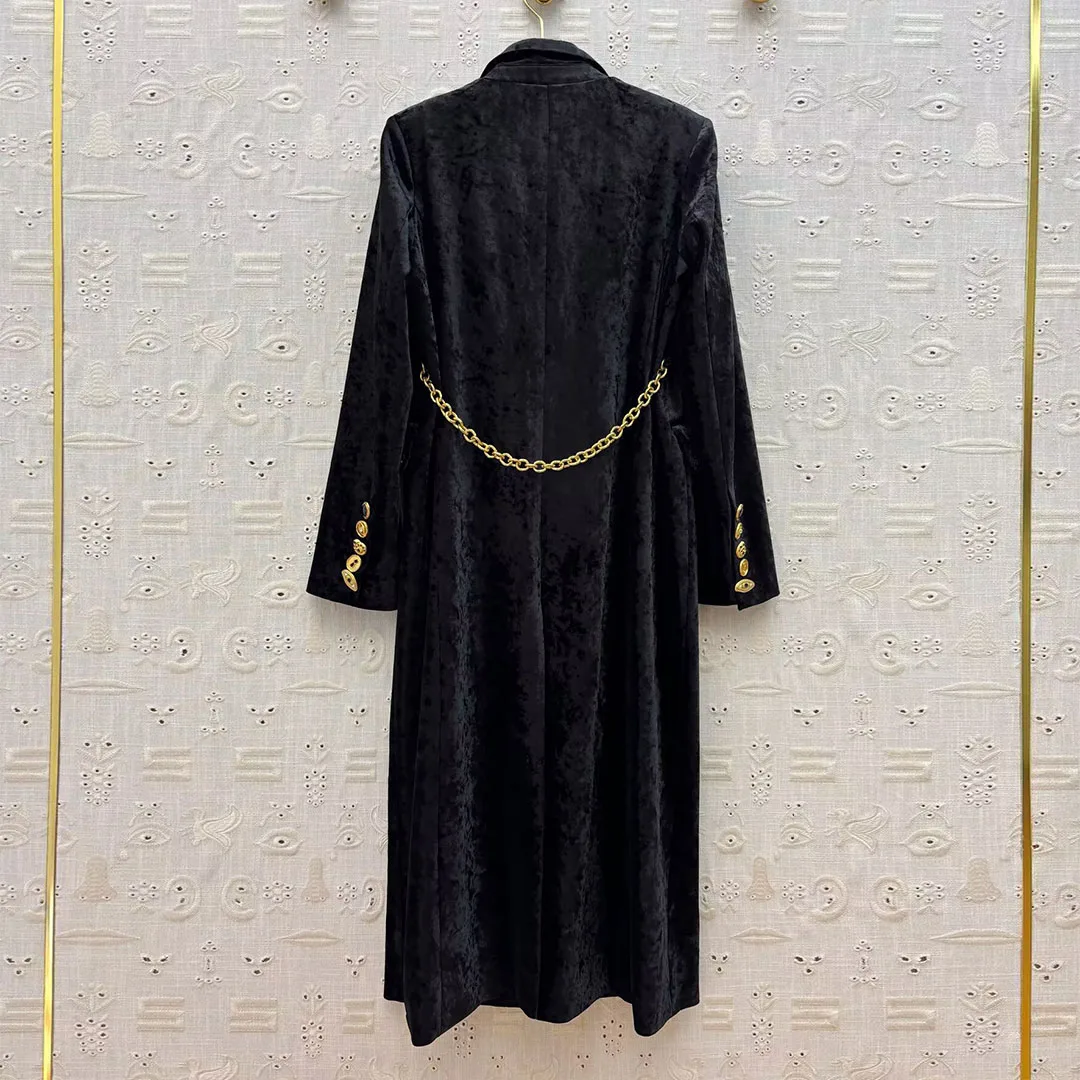 

High Quality New Autumn Winter Black Velvet Long Blazer Jacket Women Notched Long Sleeve Gold Buttons Back Chains Chic Coat Suit