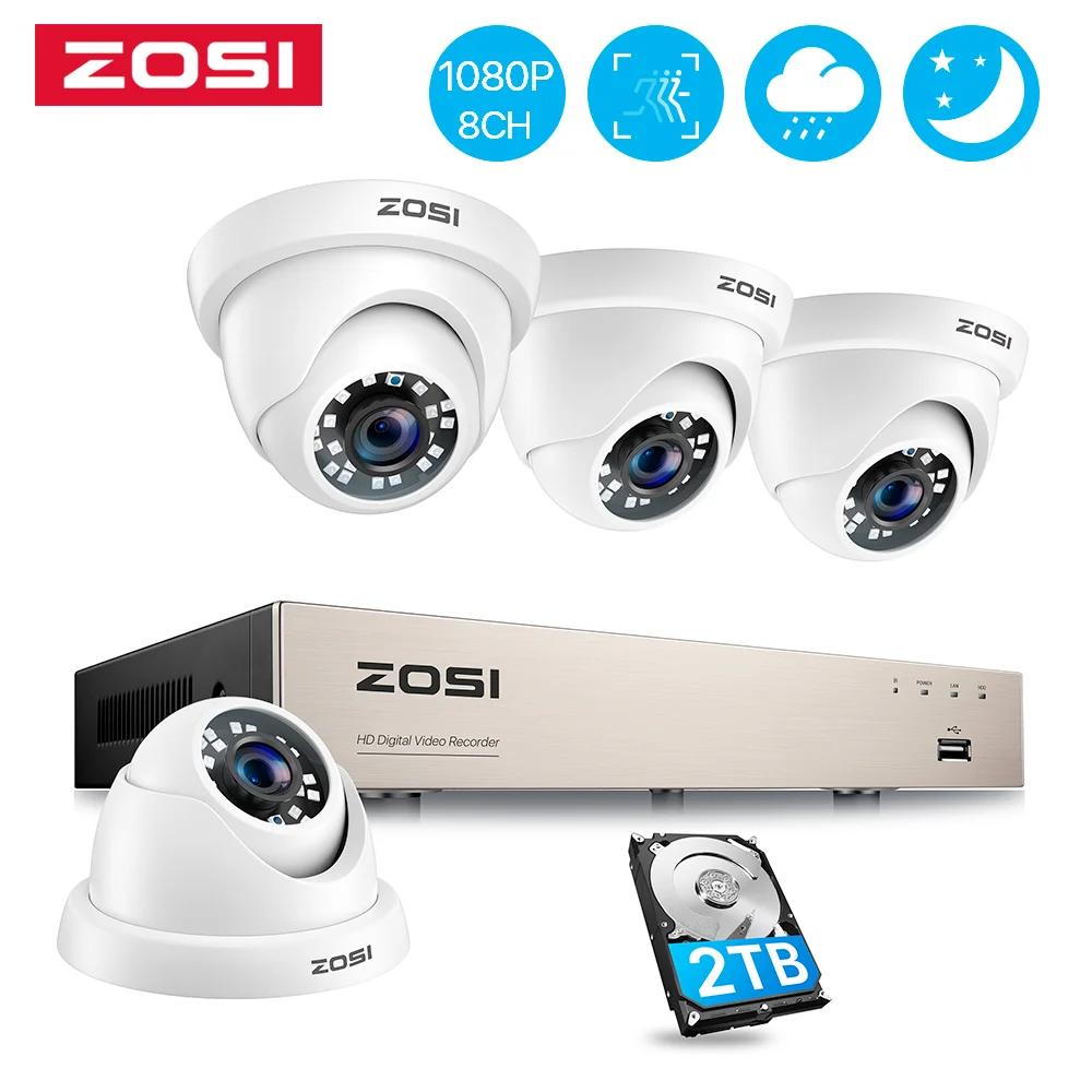 ZOSI 유선 보안 카메라 시스템, 5MP 라이트, 8 채널 HD-TVI DVR 녹음기, 4 개, 2MP 감시 CCTV 카메라 키트, 8CH, 1080P HD 