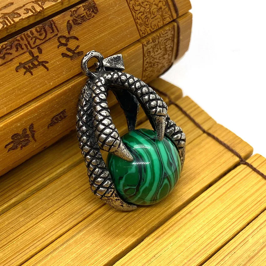 Antique Silver Dragon Claw Crystal Round Beads Pendants For Women DIY Necklace Natural Amethyst Rose Quartz Man Jewelry No Chain
