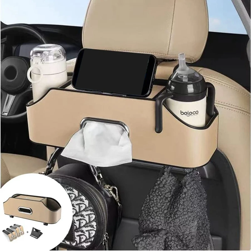 Car Headrest Backseat Organizer With 2 Drink Cup Holder, Cell Phone Holders, Hooks And Tissue Box Accessories