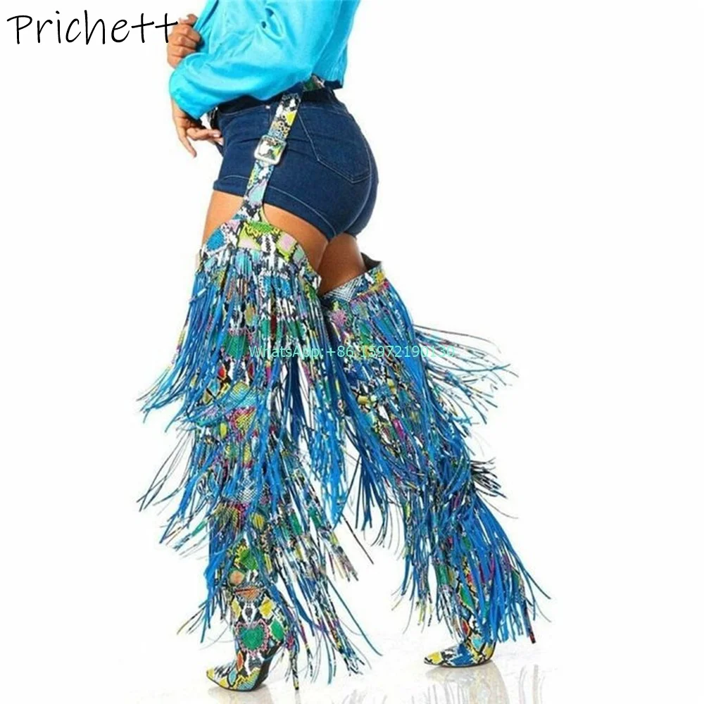 snake pattern fringe boots pointy toe side zipper high heels ladies sexy knee high boots particular fashion runway shoes