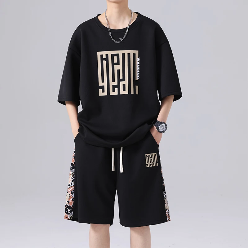 Fashion O-Neck Loose Short Sleeve Korean Printed Letter Men\'s Sets 2024 Summer New Oversized All-match Casual Sets