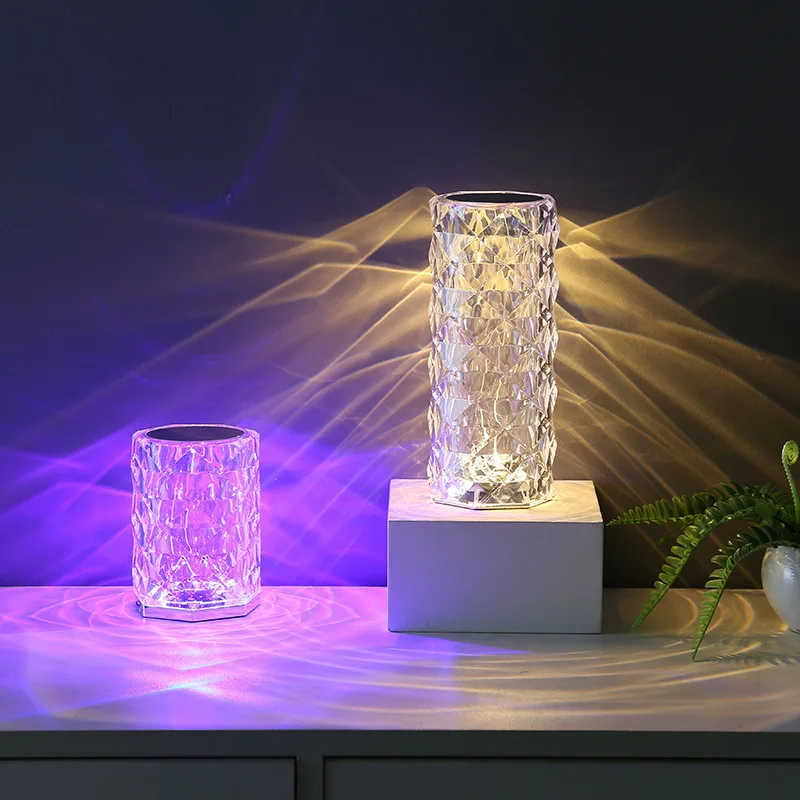 New Rose Crystal Table Lamp Tricolor Touch Adjustable Ambient Light Romantic Night Light Bedroom Decor Projectors dropshipping