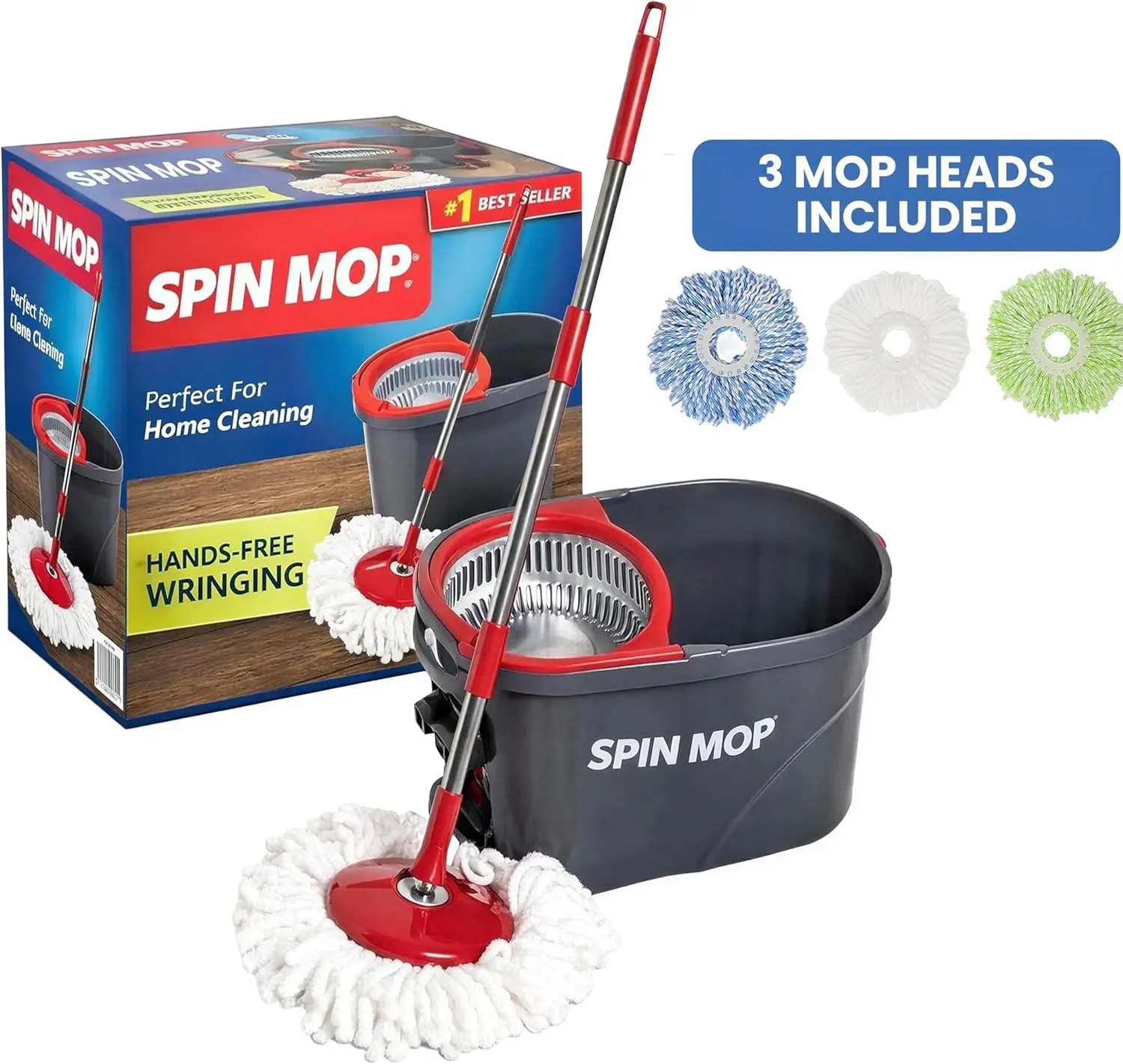 

Spin Mop System with 3 Washable Microfiber Heads, Extendable Pole for All Floor Types