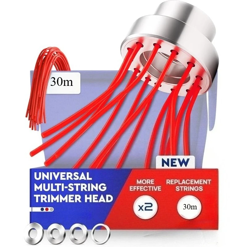 Tête de coupe-herbe multi-trous en alliage d'aluminium rouge avec ligne de coupe en nylon carrée de 30 m, accessoire de remplacement pour tondeuse à gazon, pour désherbeur de jardin, coupe-herbe, outils d'entretien extérieur de la cour