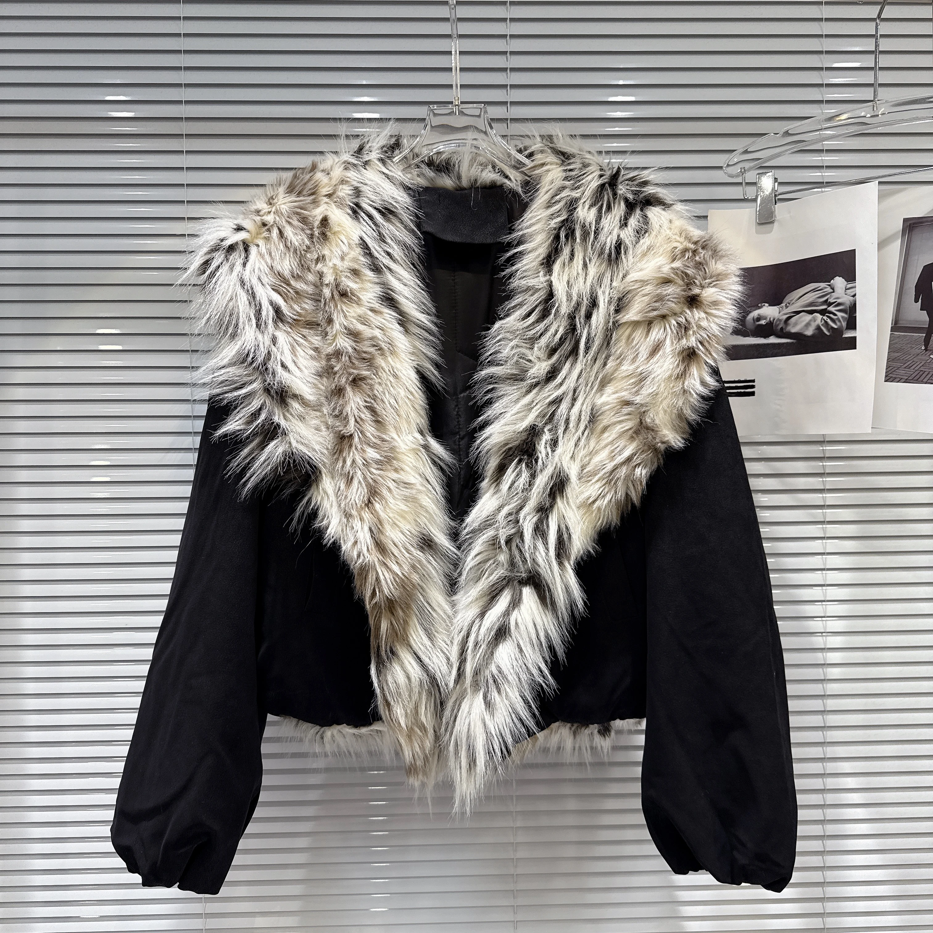 

2025 Winter New American Style Leopard Print Jacket with Big Fur Collar and Cotton Lining