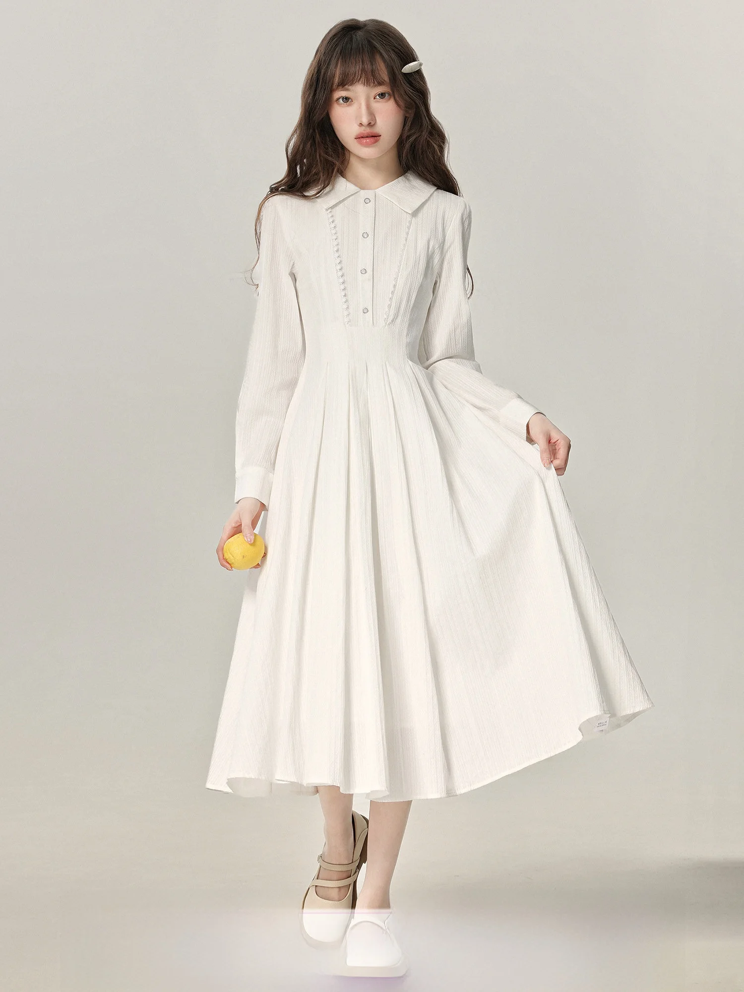 

Soft Style White Dress Women's Spring Season High Waist A-Line Skirt Long Sleeve Zipper Closure Slim Fit Gently Windy Dress