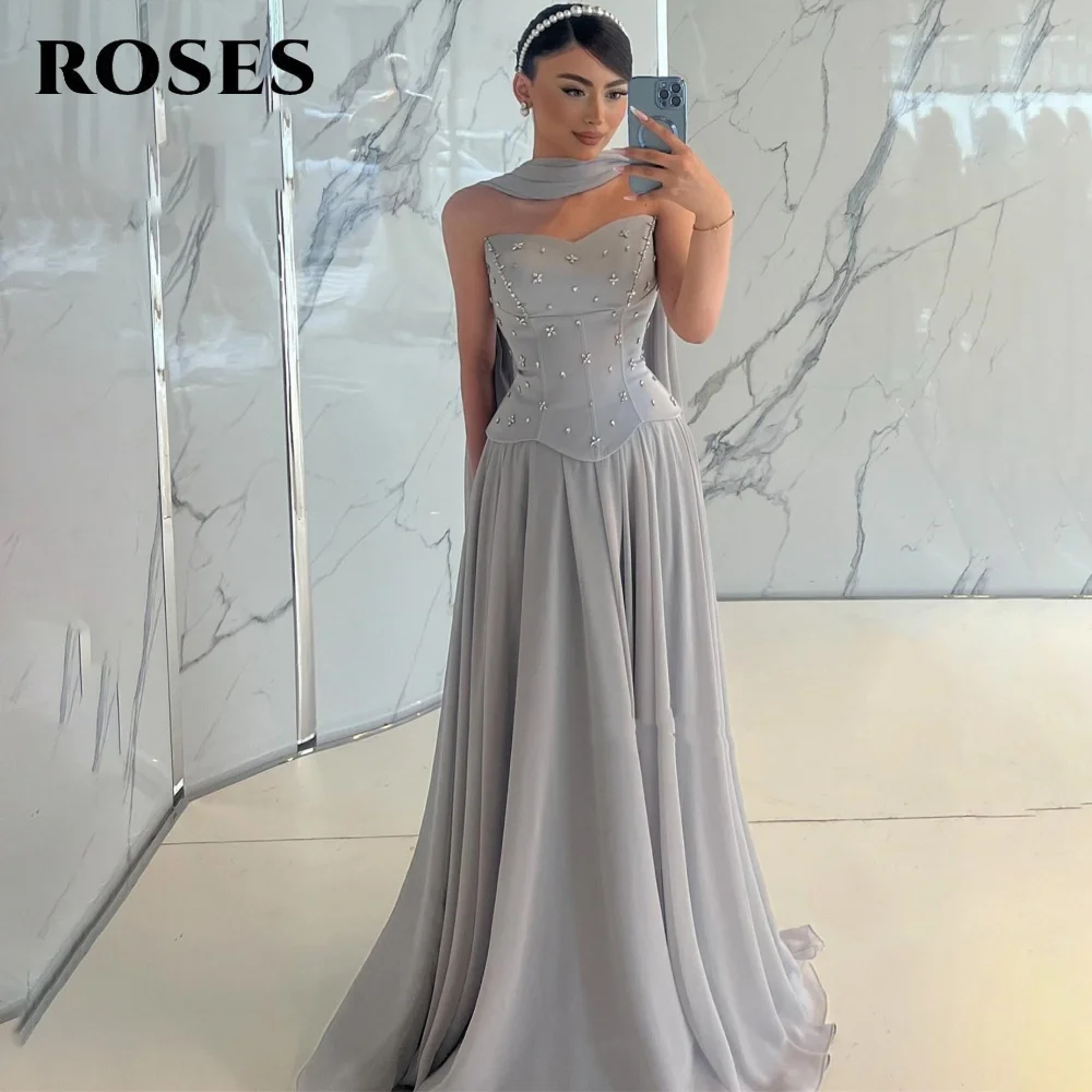 

ROSES Gray فساتين السهرة Sweetheart A-Line Gala Dress Sleeveless Pleats and Chic Neck Scarf Formal Dress Customized