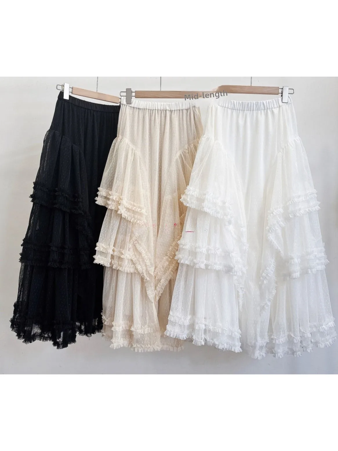 Pure Color Lace Trim Layered Tulle Cake Skirt High Waist Elastic Waistline Women's Premium Brand Half-length Skirts