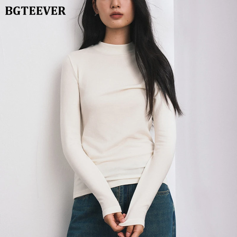 BGTEEVER Women's Silk Wool Base Layer Top  Mock Neck Acetate T-shirts New Autumn