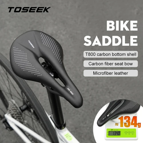 Imagen 1 del producto TOSEEK-sillín de carbono para bicicleta de montaña/carretera, 143/155MM, cojines de carbono de cuero súper ligero, rieles de carbono de 135g, asiento de bicicleta