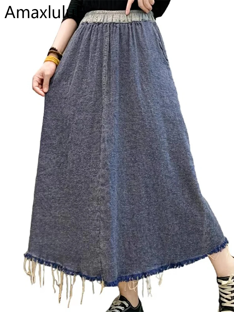 Amax luluE Korean Luxury Clothes Autumn Womens Fashion Loose Vintage Denim Skirts Ladies Casual Classic Elastic Waist Streetwear