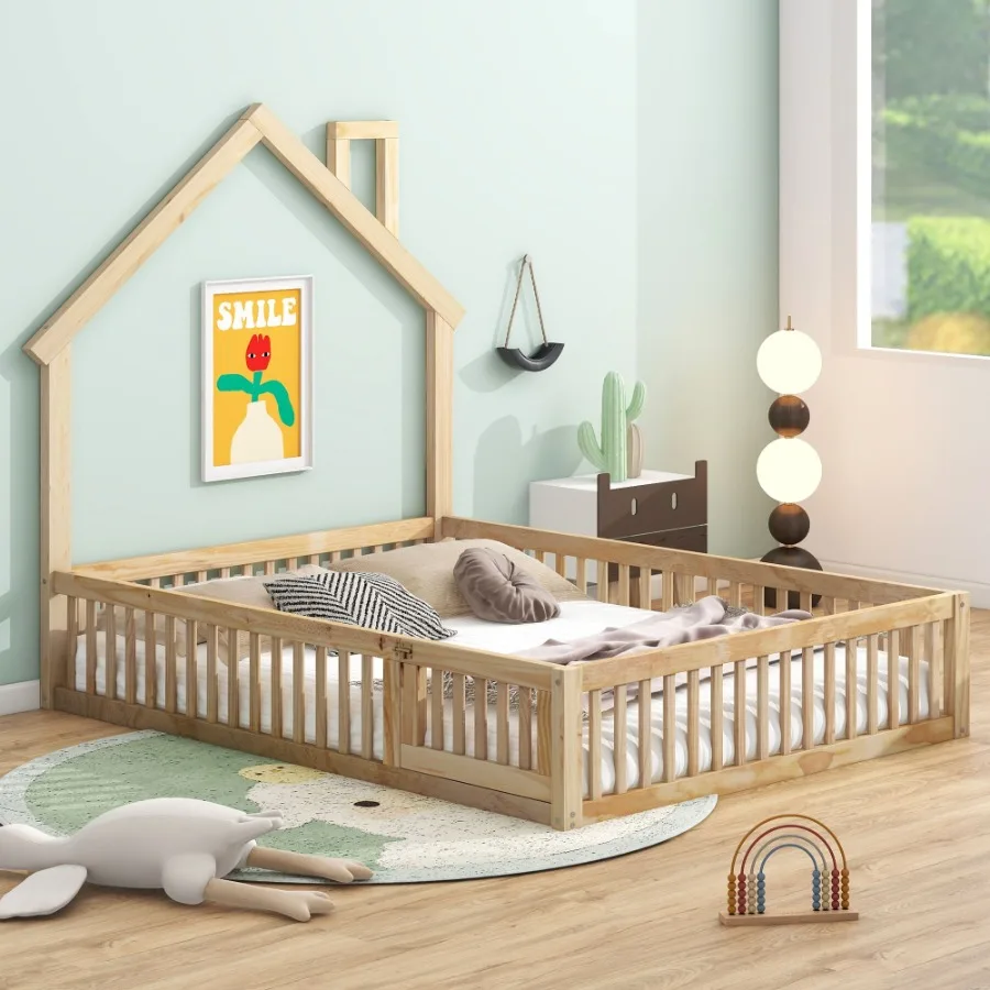 

Wood Full Size House Platform Bed with Guardrail
