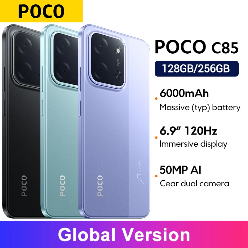 Глобальная версия смартфона POCO C85: аккумулятор 6000 мАч, камера 50 МП, быстрая зарядка 33 Вт, процессор Helio G81-Ultra, NFC, 6.9-дюймовый дисплей Dot Drop.