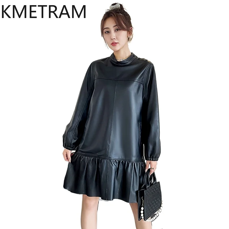 

Женское платье из 100% верхнего слоя из овчины, роскошные черные платья из натуральной кожи с длинными рукавами, новая верхняя одежда, осенняя одежда 2025 для женщин