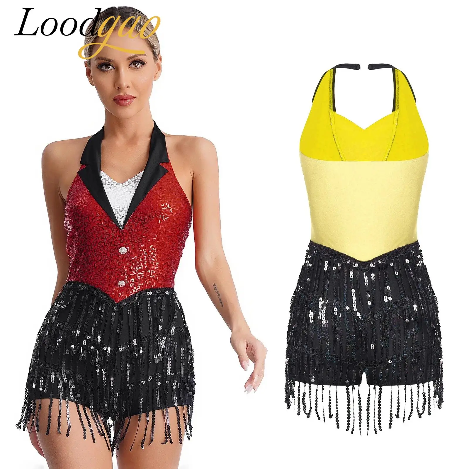 

Womens Professional Latin Dance Costume Fringed Jumpsuit Sparkly Sequins Jazz Cha-cha Ballroom Dancing Tassel Leotard Dancewear
