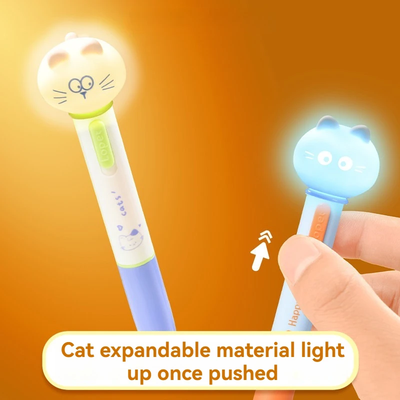 2PCS Cat Light Wave Erasable Gel Pen Luminous Pen Cat Twisting Pen Blue Heat Erasable Signature Pen High Beauty Black Pen 0.5mm