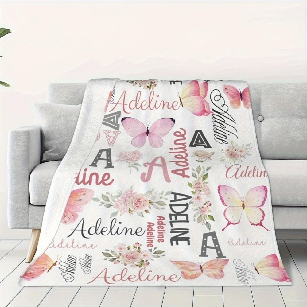 1Pc Custom Name/Text Pink Butterfly Flower Design Flannel Blanket, Soft and Comfortable,Suitable for Office,Home, Unique Present