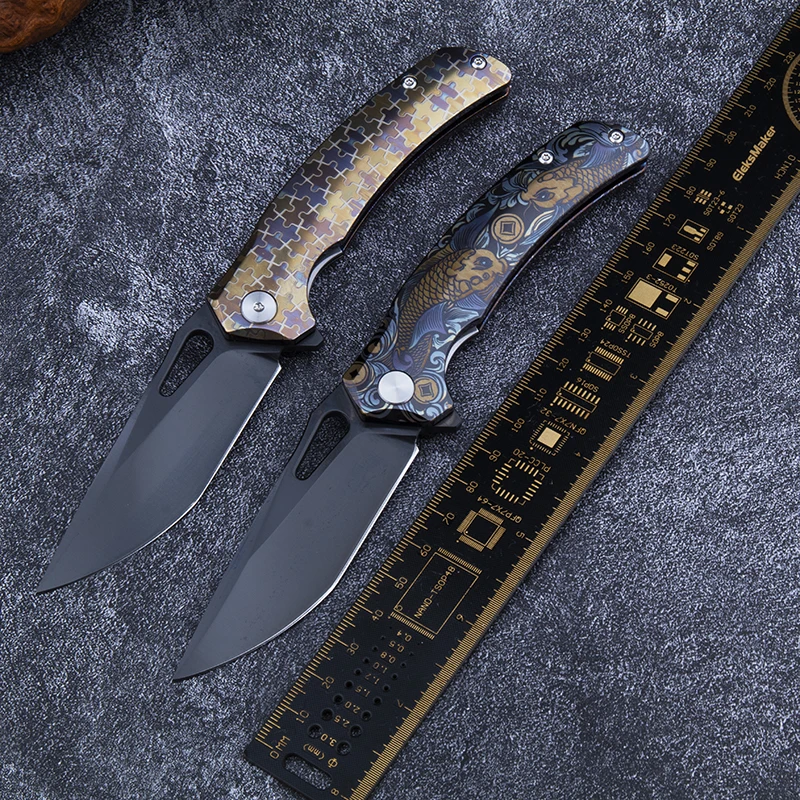 Premium M390 Titanium Folding Knife DLC Coated Blade Laser Engraved Koi Pattern Handle, Outdoor EDC Camping Collectible Gift. - view 3