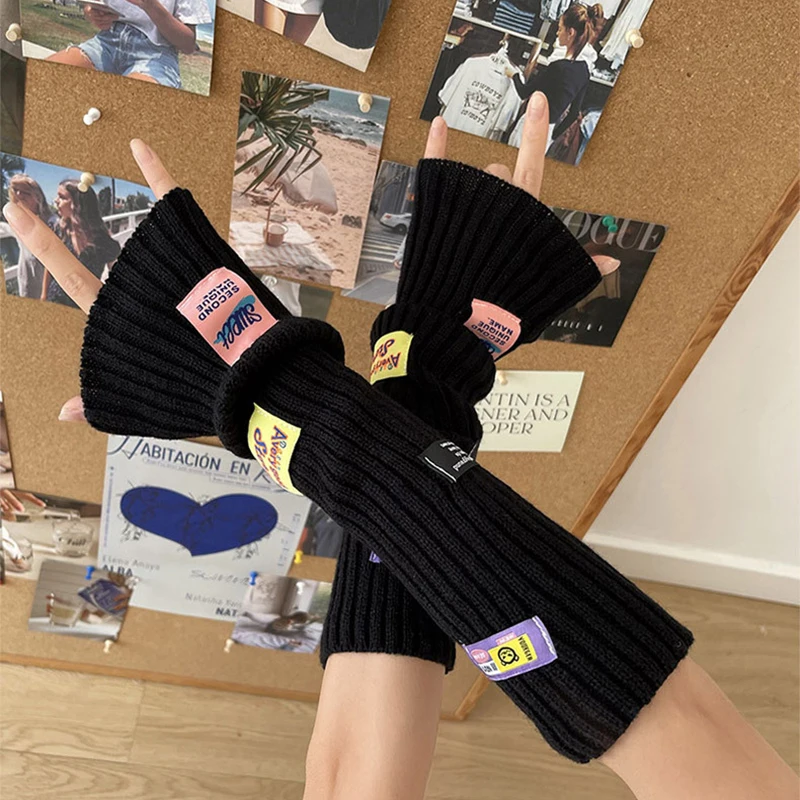 Women Cute Arm Warmer Colorful Letter Label Y2k Girl Arm Covers Warm Harajuku Cuffs Knitted Fingerless Gloves JK Accessories