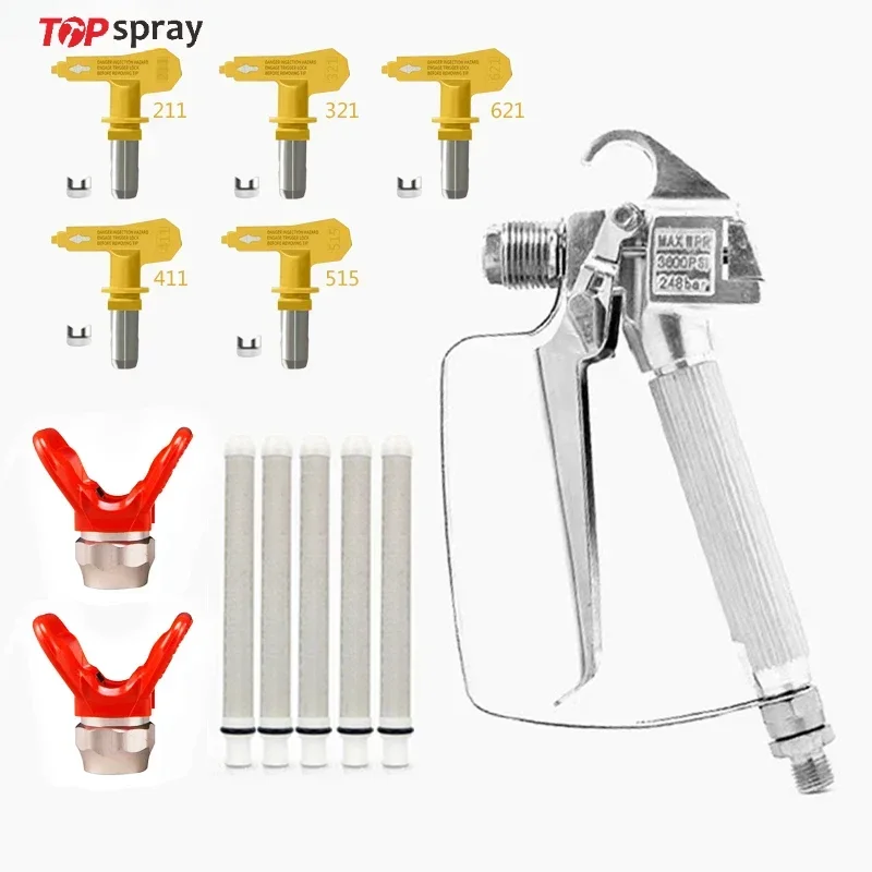 Topspray Airless Paint Spray Gun High Pressure 3600 PSI with 5 x Tip 211，321，621，411，515and 5 x filters