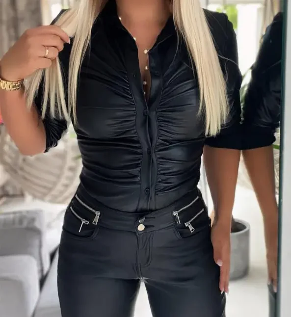 Women\'s Faux Leather Button Front Shirt with Ruched Lapel Collar Stylish and Comfortable Long Sleeve Top