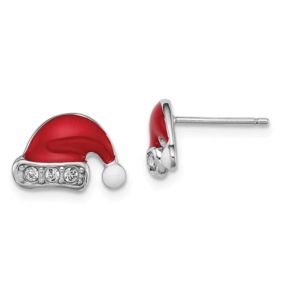 

Sterling Silver Madi K Rhodiumplated Polished Red White Enameled Crystal Santa Hat 's Post Earrings