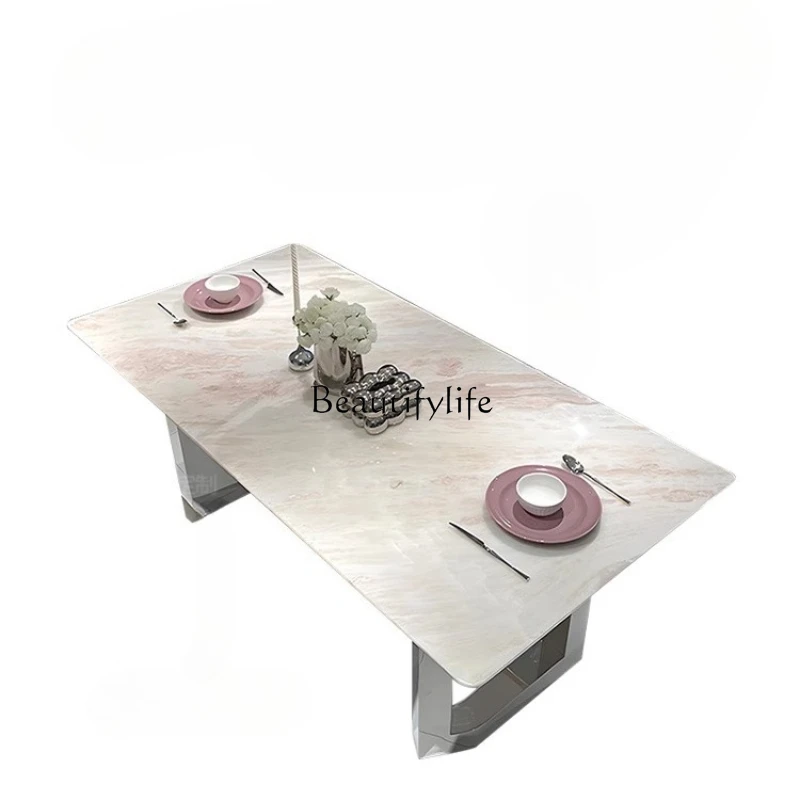 

Pink Diamond Luxury Stone Dining Table, Restaurant Villa Rose Rainbow Natural Marble Long Dining Table