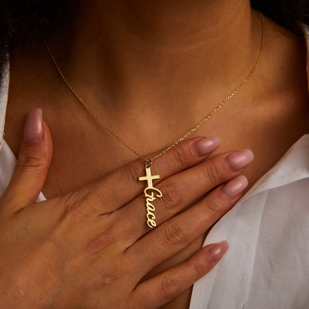 

Custom Personalized Name Cross Necklace Customized Stainless Steel Nameplate Jewelry Christian Gift
