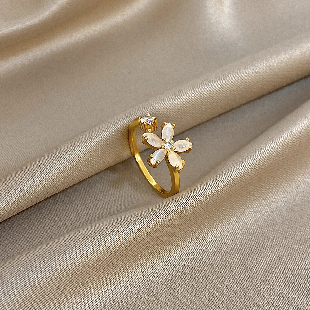 DODOHAO أنيقة الذهب اللون الفولاذ المقاوم للصدأ المفصل الدائري المرأة رائعة الزركون زهرة قابل للتعديل حلقة مفتوحة هدايا مجوهرات الأزياء