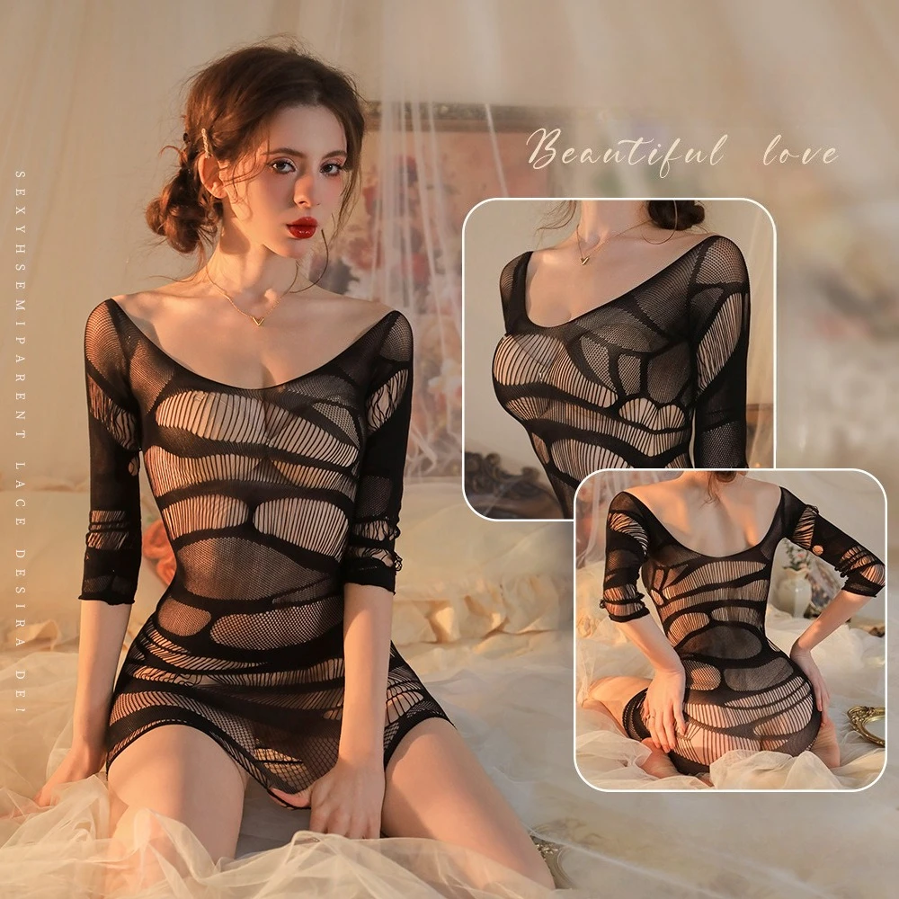 

Plus Size Sexy Lingerie See-Through Striped Mesh Dress - Hot Temptation Bodycon Costume