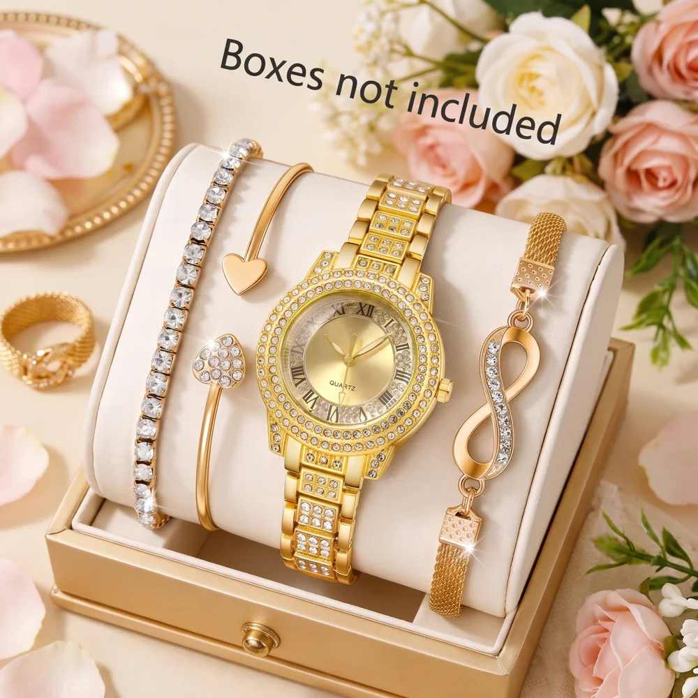4Pcs/Set Unisex Jewelry Watches Women's Wristwatch Accessories Gold Trendy Fashionable Elegant Classic Exquisite Light Luxury Rhinestone Luxury Roman Numeral Dial Round Dial Quartz Watch Set Y2K Suitable for Travel, Parties, Daily Outfits, Perfect Birthday and Holiday Gift