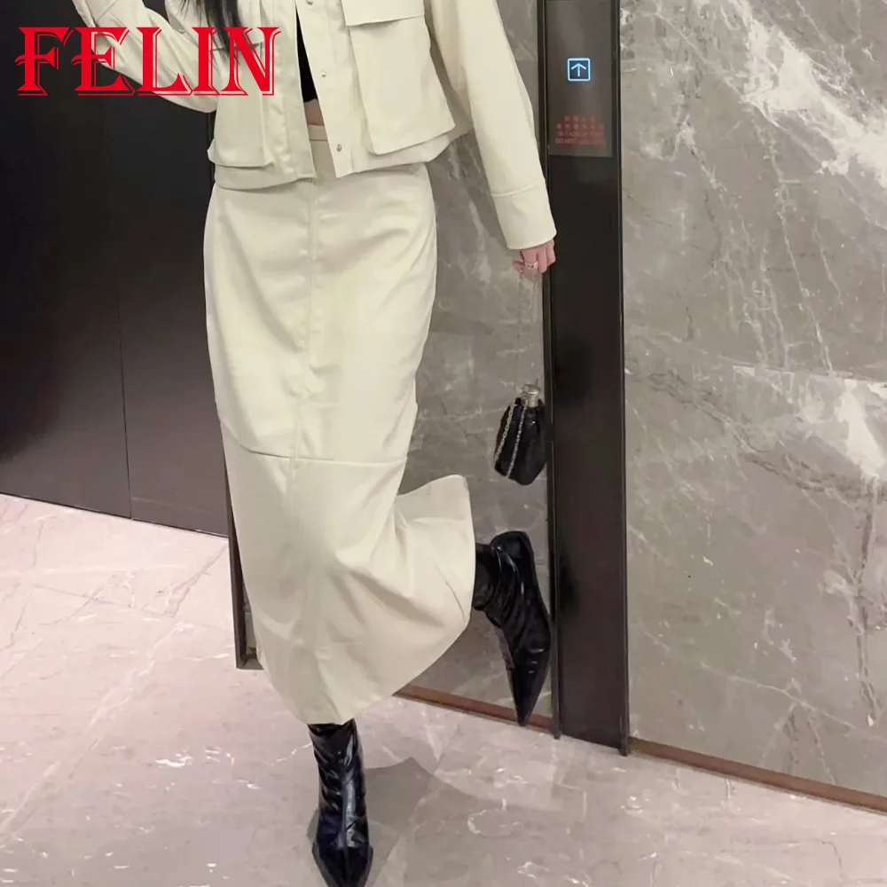 TRAF 2023 Autumn Leather Solid Slim Skirt Double Pockets Straight Women Clothes Korean Stylish Casual White Elegant Mujer Skirt