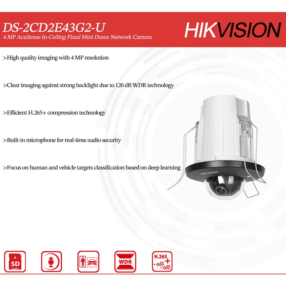 Hikvision-Mini caméra réseau breton avec micro intégré, DS-2CD2E43G2-U d'origine, partenaires plafond acufouet 4MP, protection périphérique Hdissis +