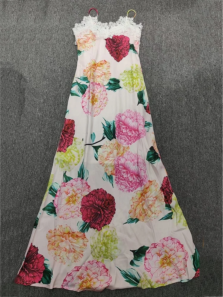 

Vintage print splicing water soluble lace high waist top breast halter dress 2024 summer women's new fashion wrap hip skirt