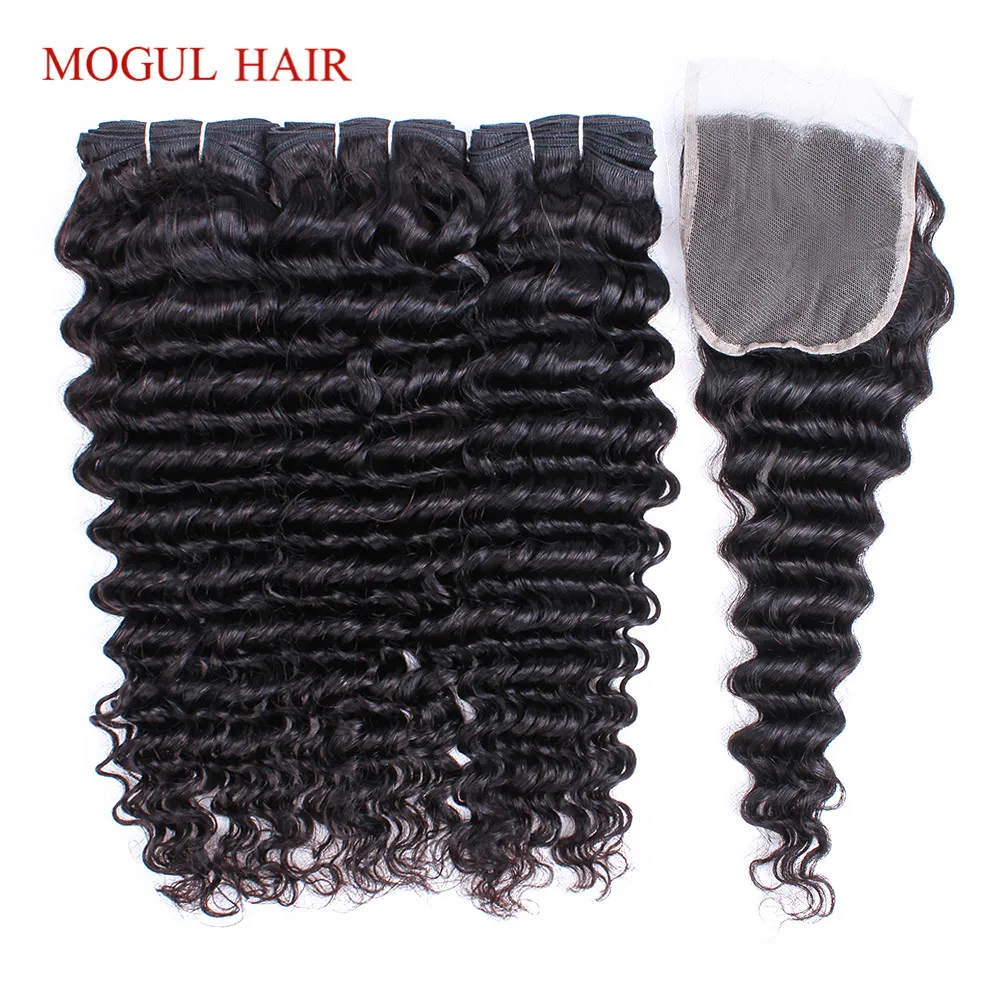 Deep Wave Bundles with Closure Transparent Free Part Lace Natural Color 10-26 Inch Remy Human Hair Weave Extensions MOGUL HAIR