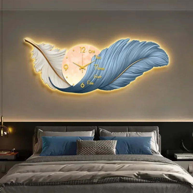 Horloge Murale LED de Luxe, Grande Décoration Artistique, pour Salon, Peinture, Plume, Silays euse, pour la Maison