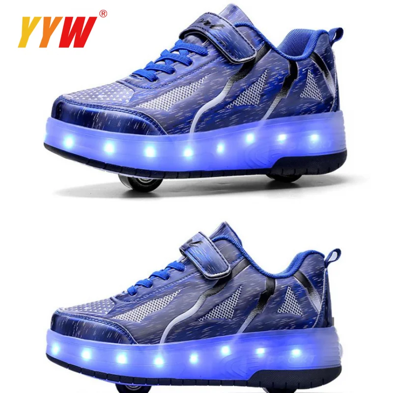 Girls Kids Roller Skates Skating Shoes Sliding Sneakers Outdoor Gym Sports Skate Shoes USB Led Light 2 Wheels Convertible Gift